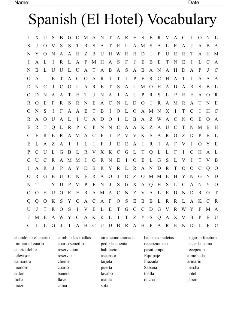 Spanish (El Hotel) Vocabulary Word Search