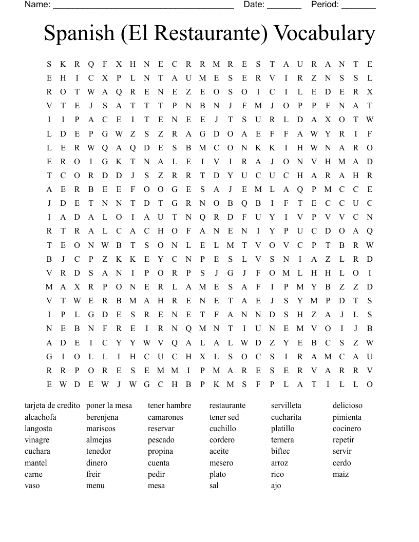 Spanish (El Restaurante) Vocabulary Word Search