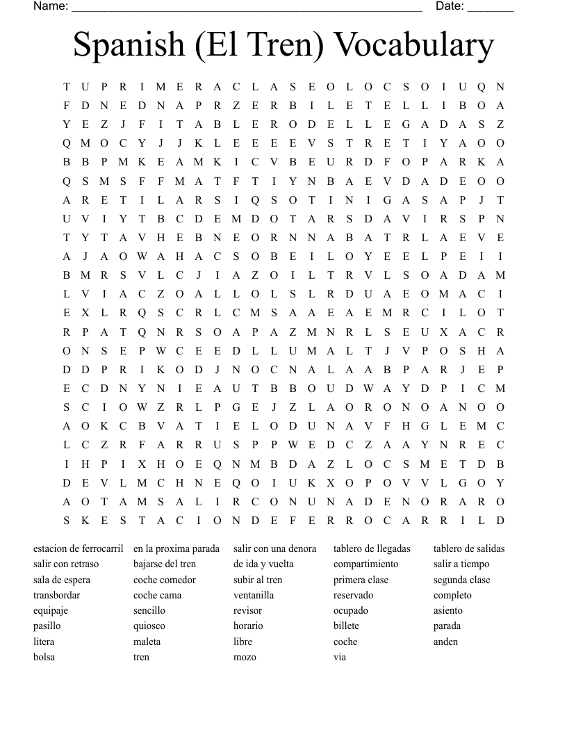 Spanish (El Tren) Vocabulary  Word Search