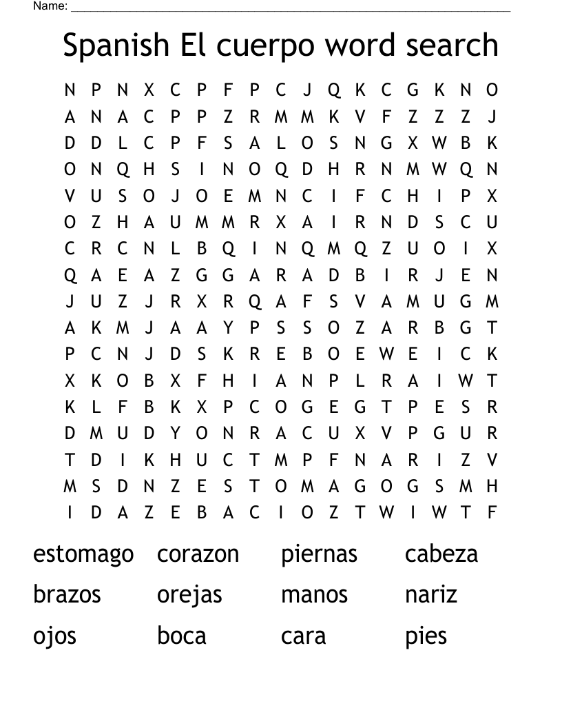 Spanish El cuerpo word search 