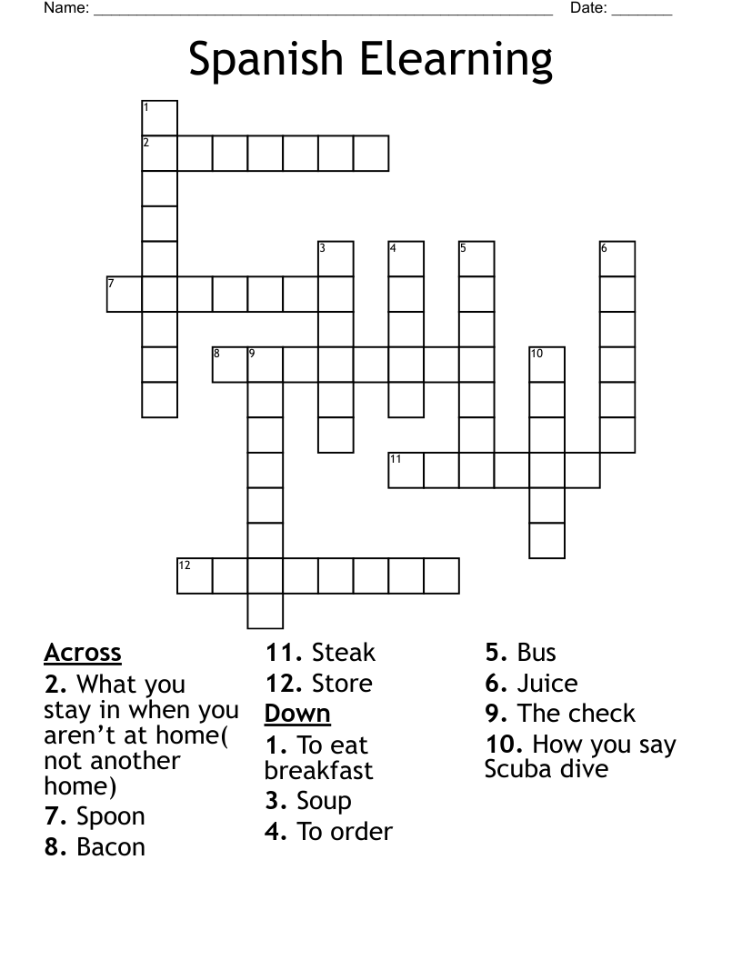Spanish Elearning Crossword