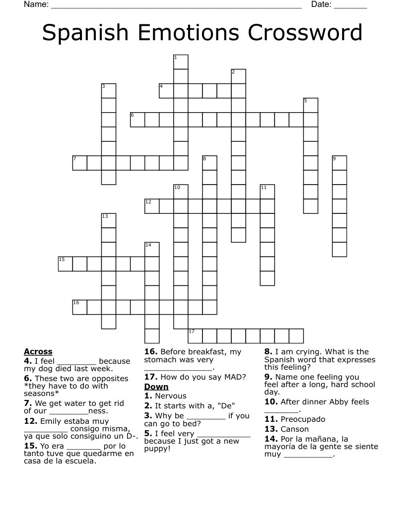 Spanish Emotions Crossword