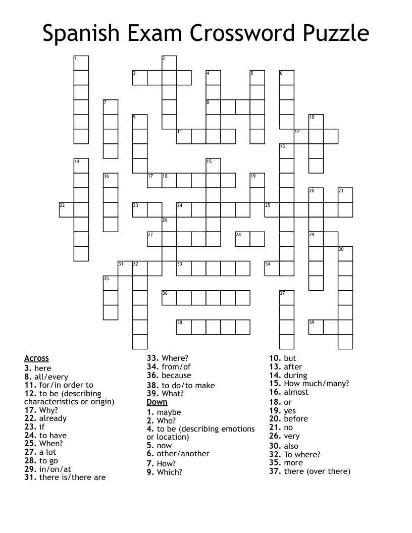 Spanish Exam Crossword Puzzle