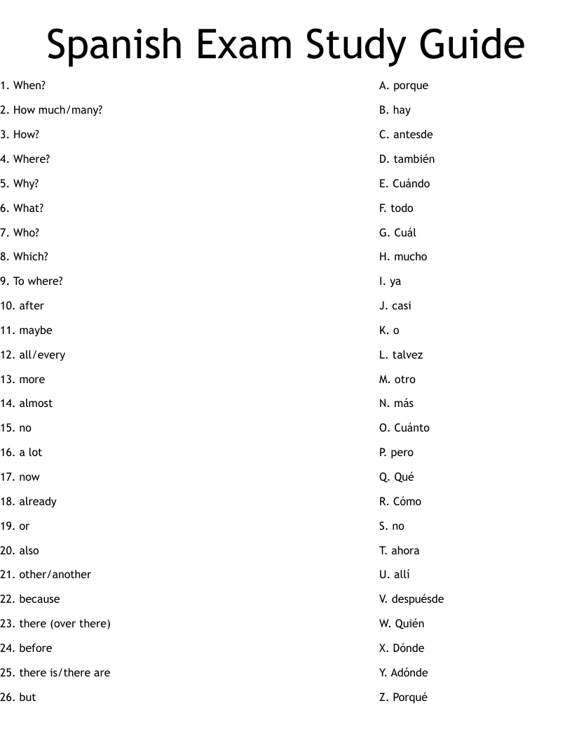 Spanish Exam Study Guide Worksheet