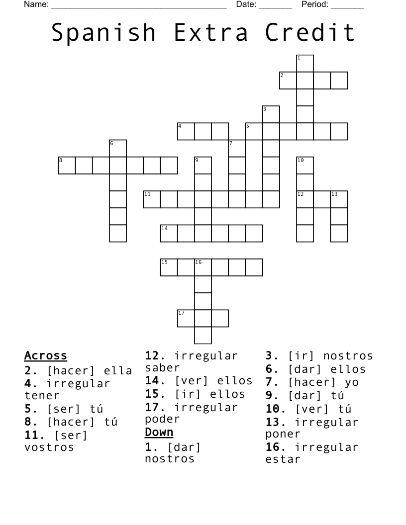 Spanish Extra Credit Crossword