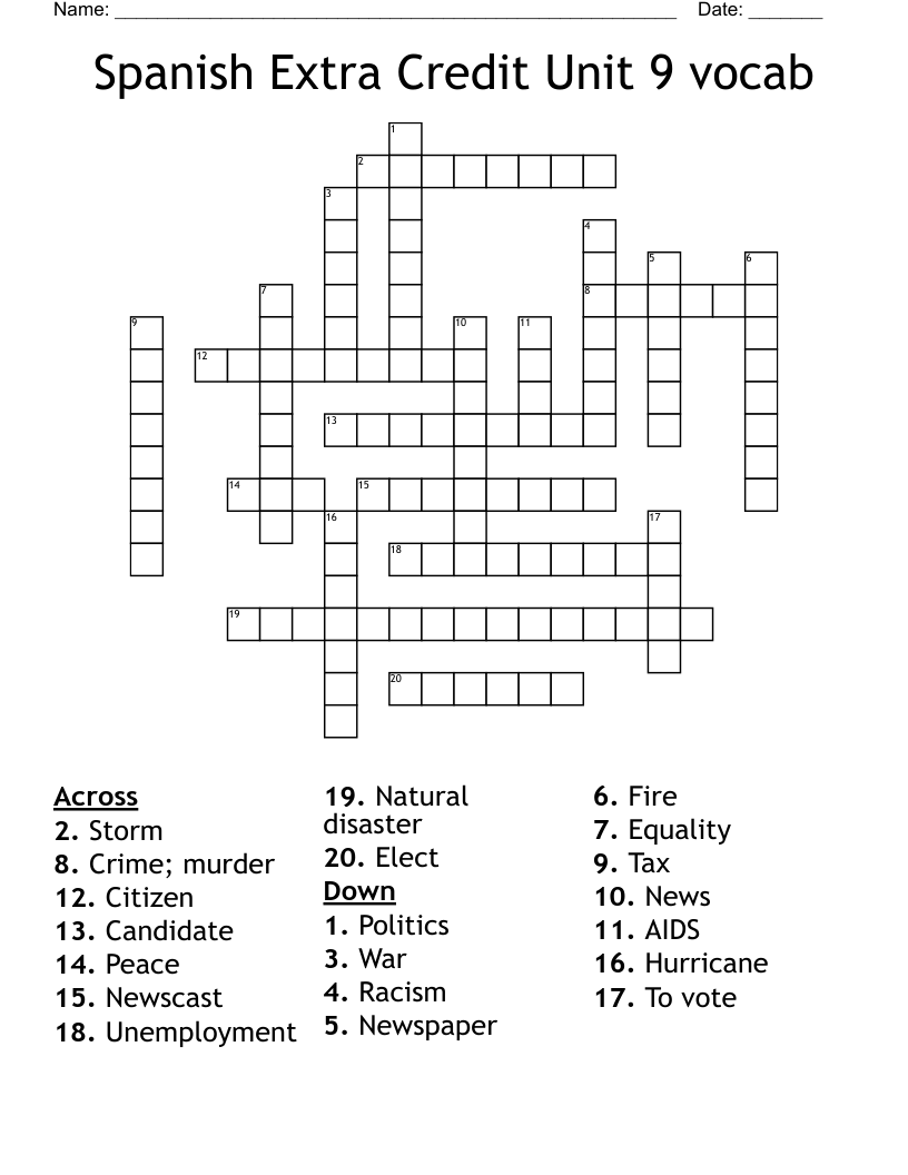 Spanish Extra Credit Unit 9 vocab Crossword