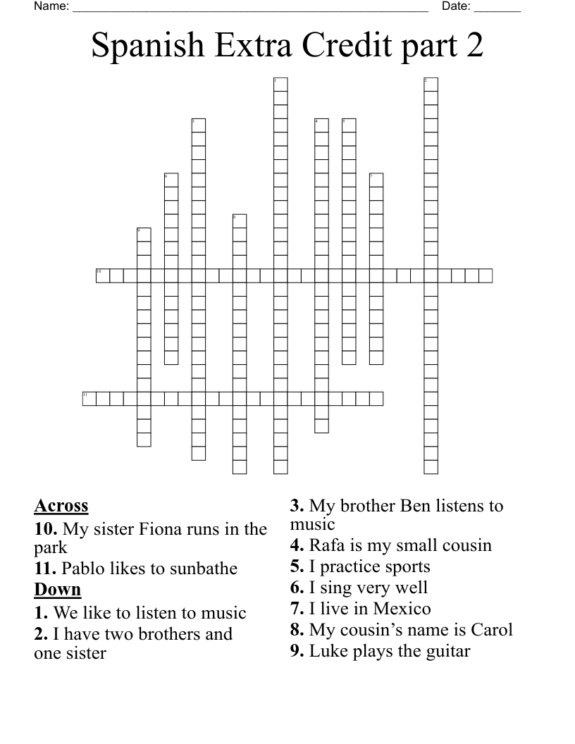 Spanish Extra Credit part 2 Crossword