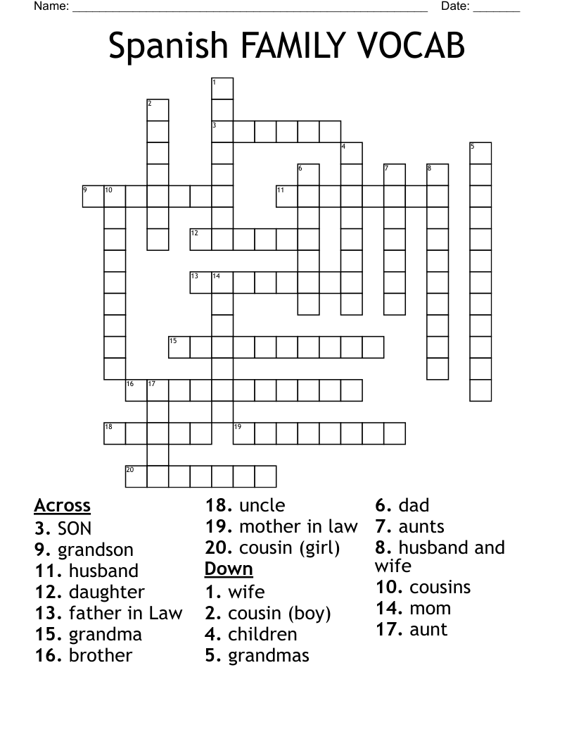 Spanish FAMILY VOCAB Crossword