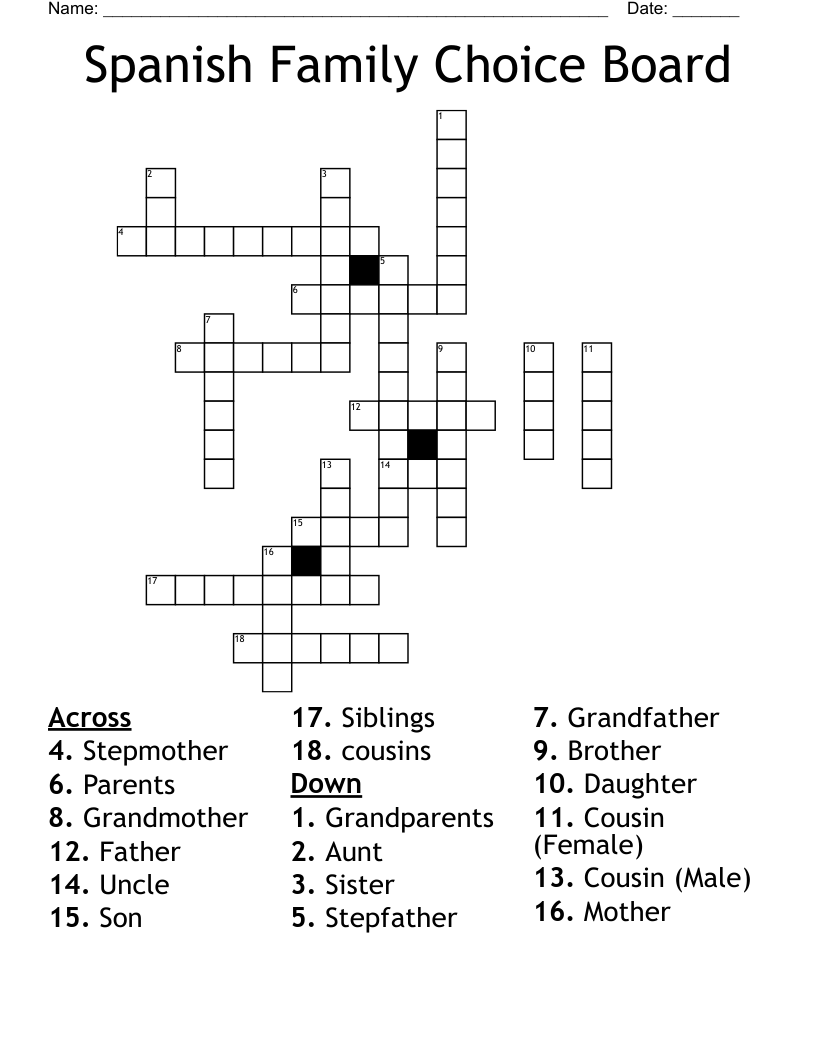 Spanish Family Choice Board Crossword