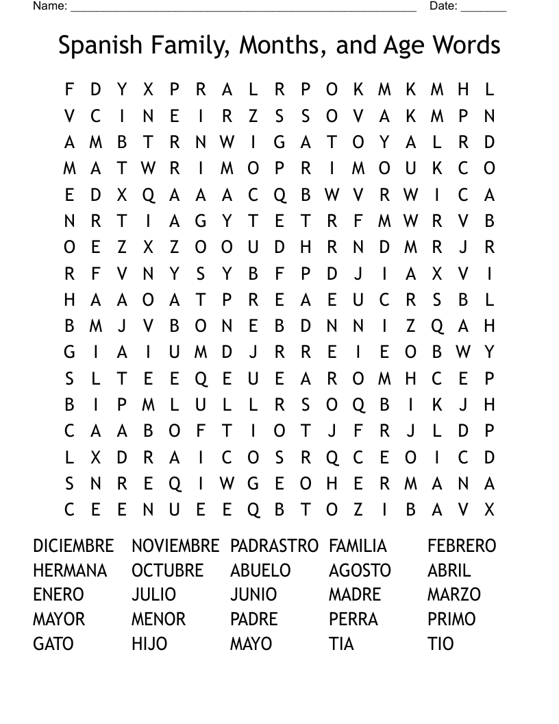 Spanish Family, Months, and Age Words Word Search