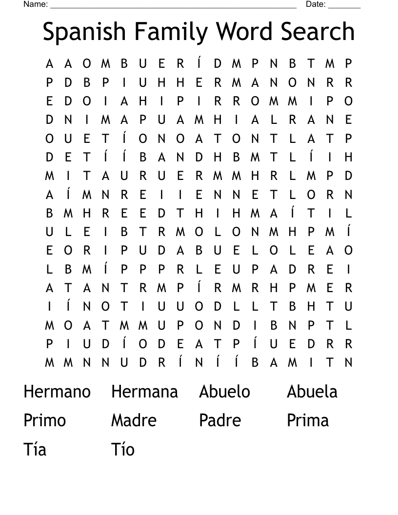 Spanish Family Word Search