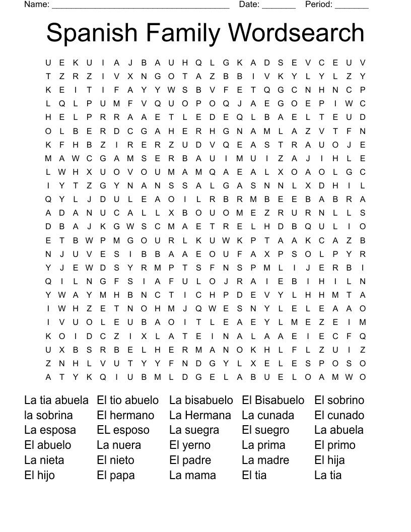 Spanish Family Wordsearch 