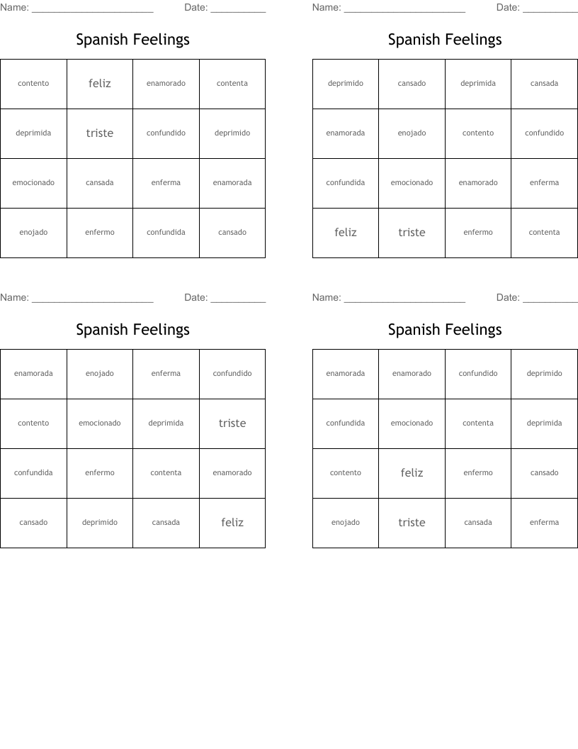 Spanish Feelings Bingo Cards