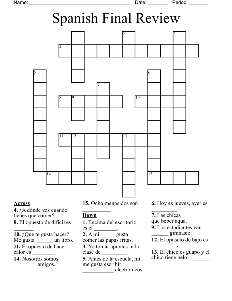 Spanish Final Review Crossword