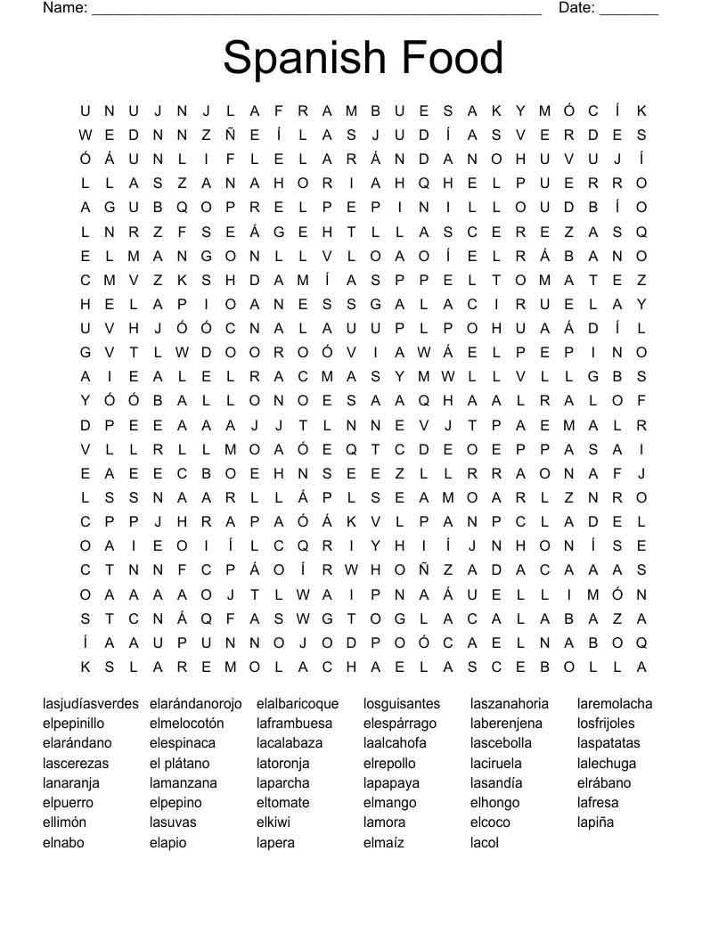 Spanish Food Word Search
