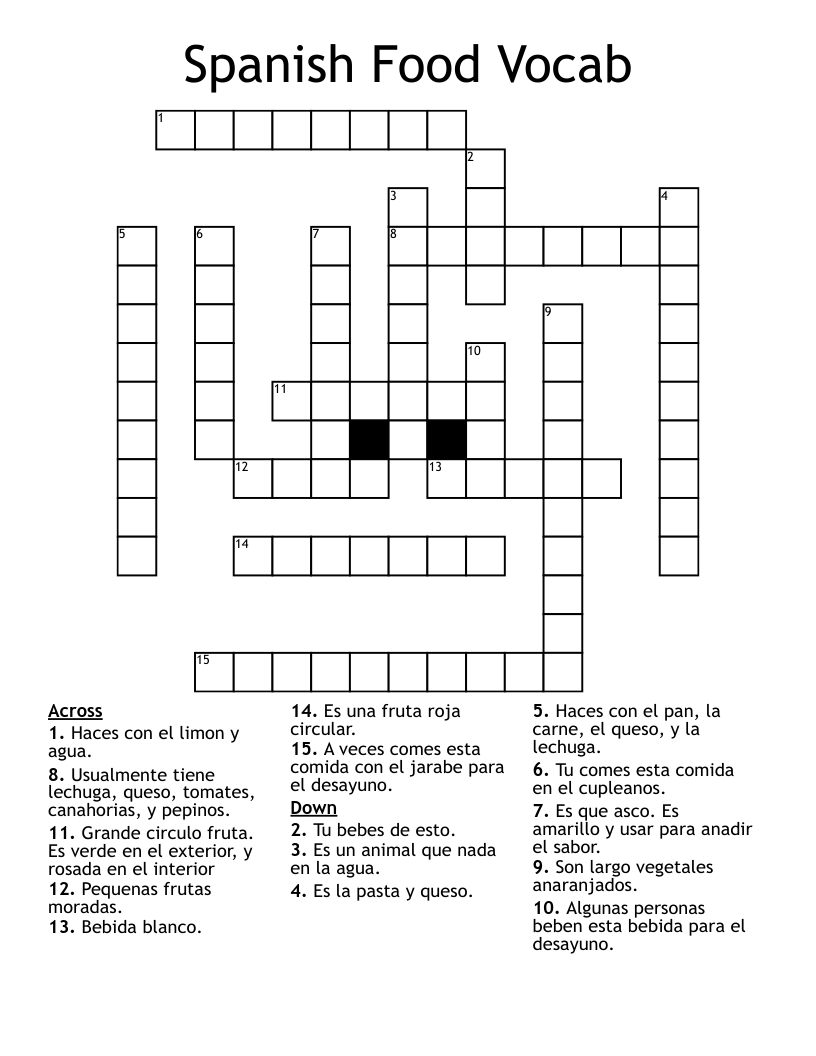 Spanish Food Vocab Crossword