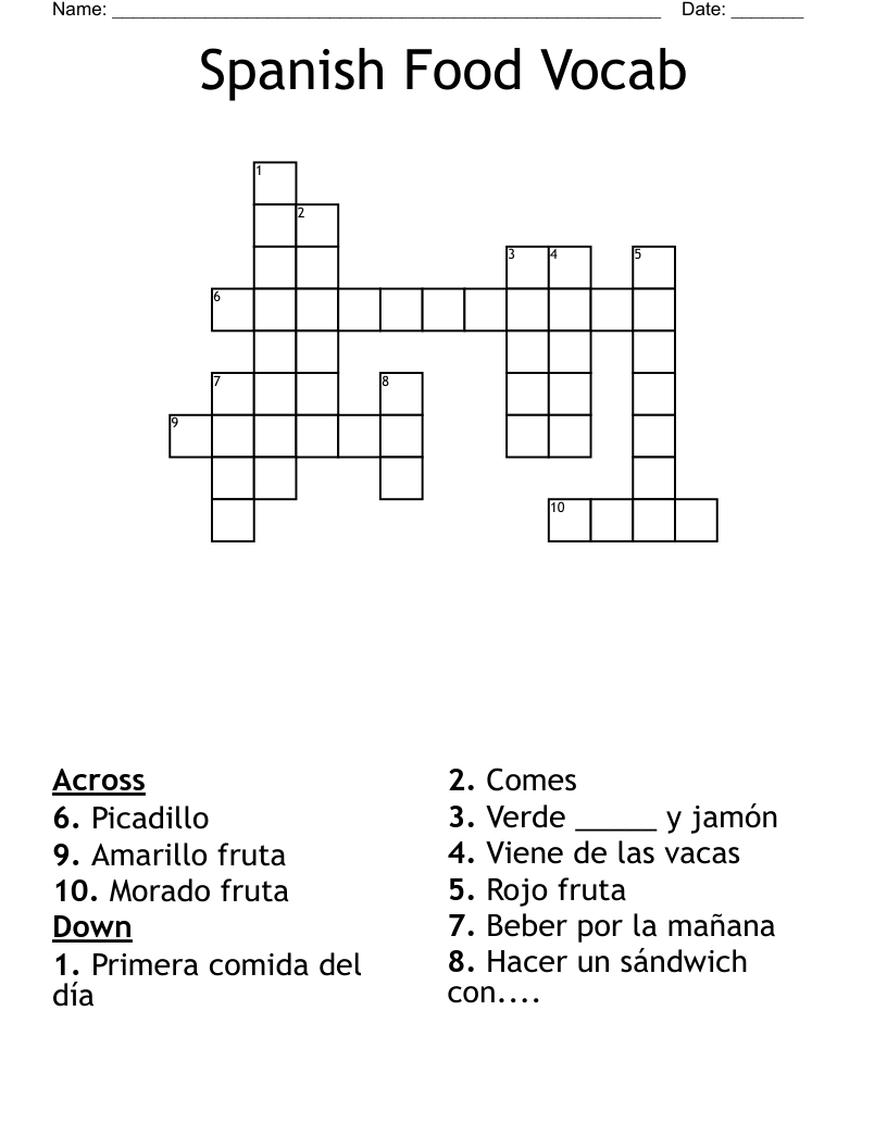 Spanish Food Vocab Crossword