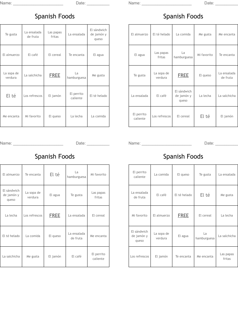 Spanish Foods  Bingo Cards