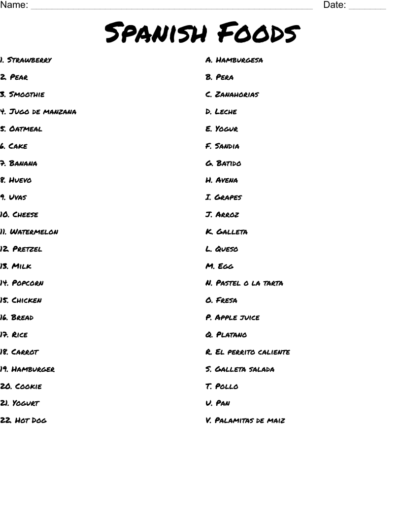 Spanish Foods  Worksheet