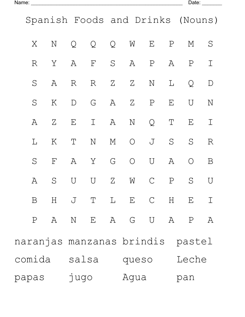 Spanish Foods and Drinks (Nouns) Word Search