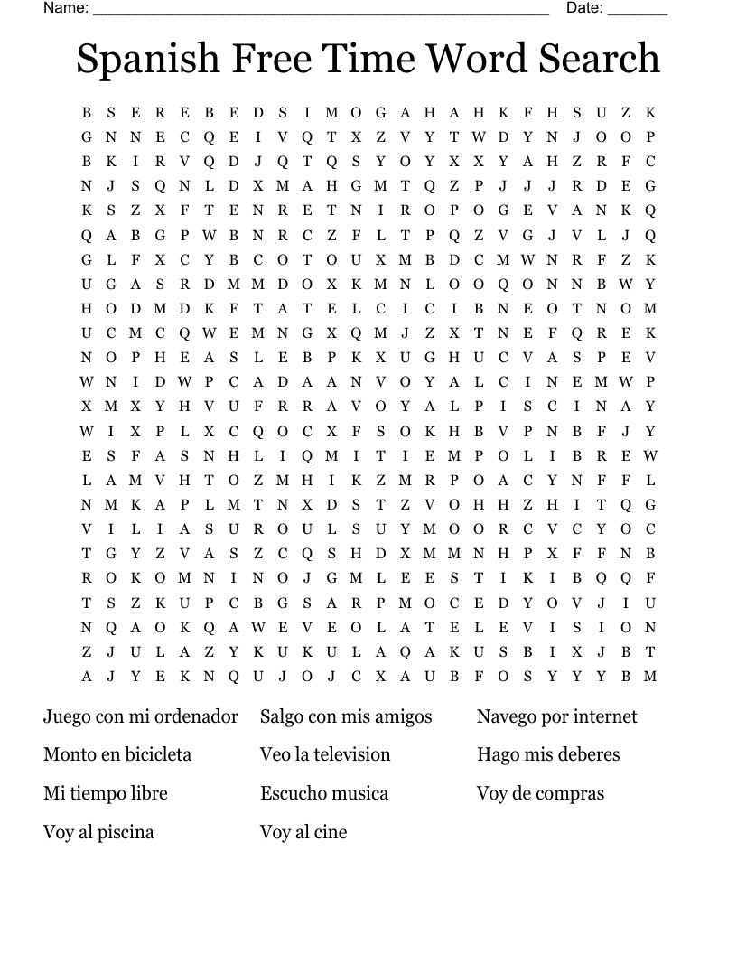 Spanish Free Time Word Search