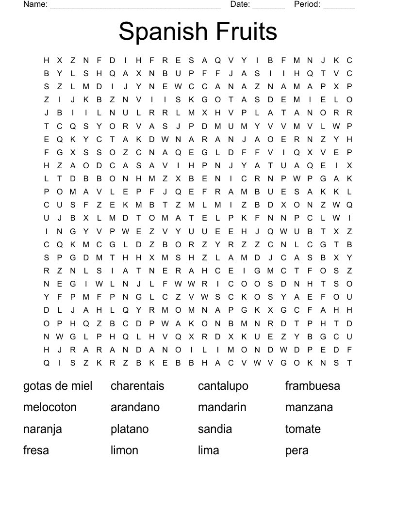 Spanish Fruits Word Search