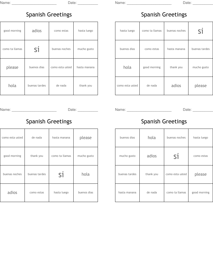 Spanish Greetings Bingo Cards