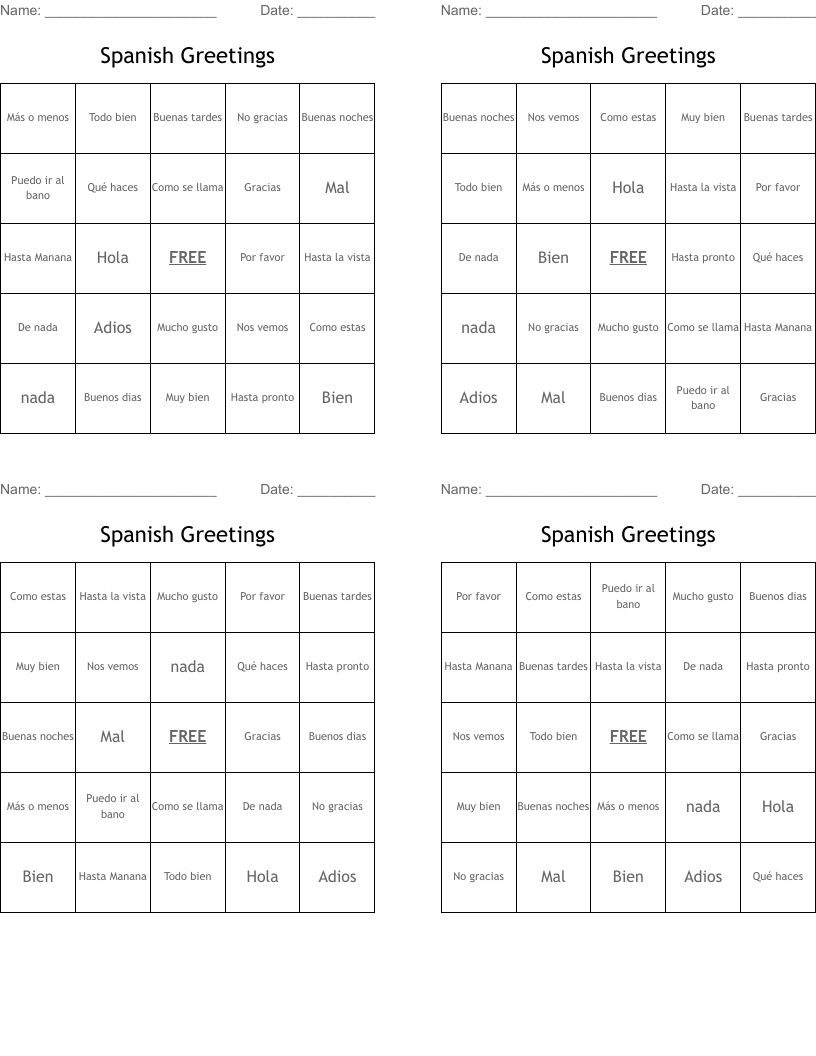 Spanish Greetings  Bingo Cards