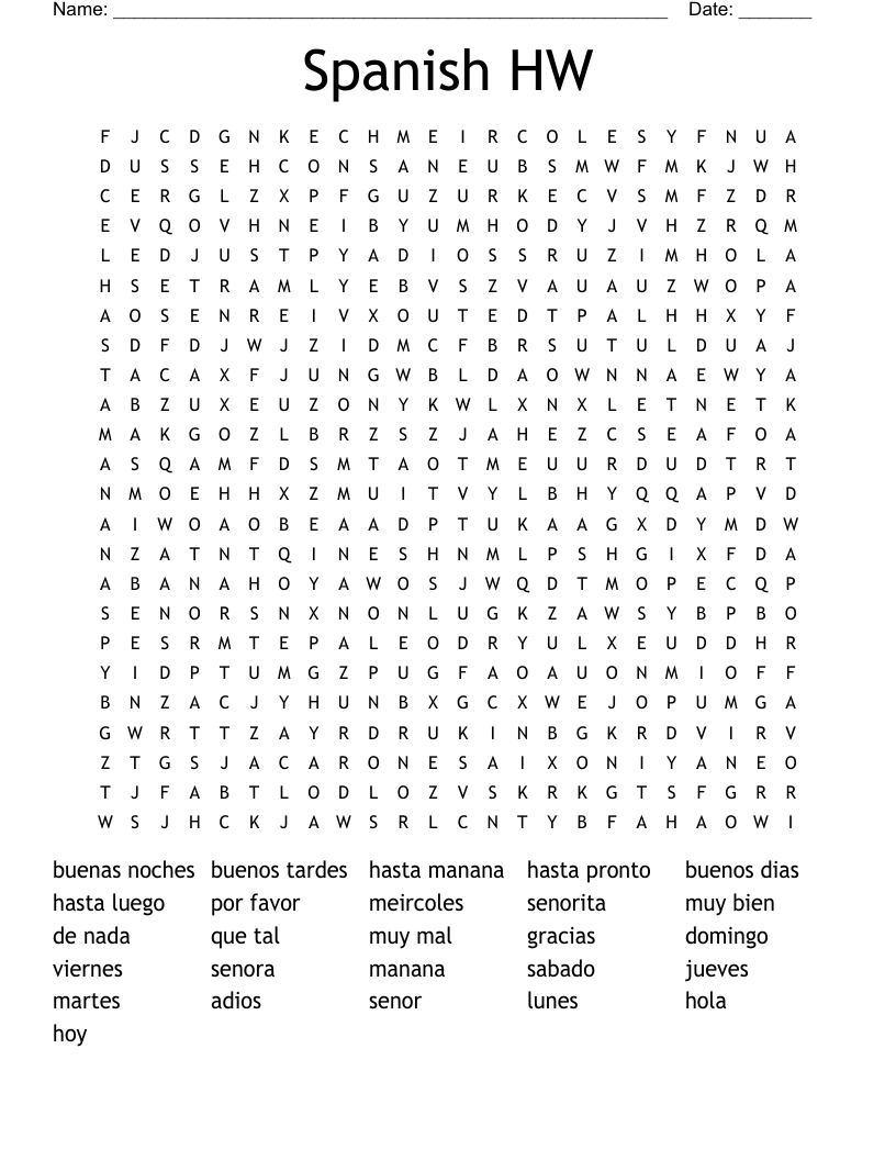Spanish HW Word Search