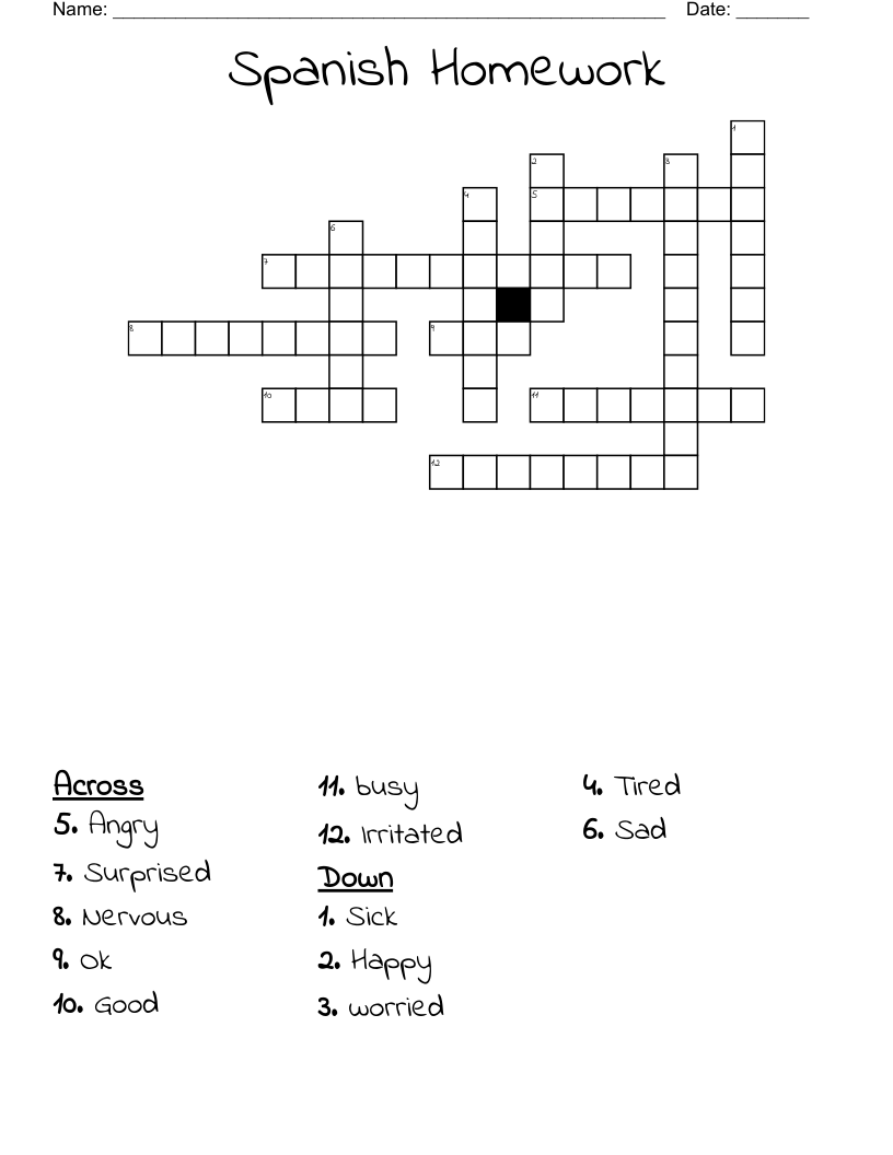 Spanish Homework Crossword