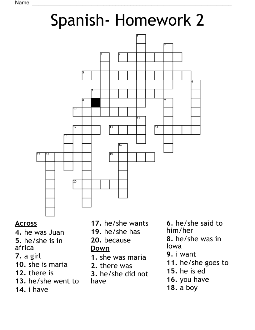 Spanish- Homework 2 Crossword