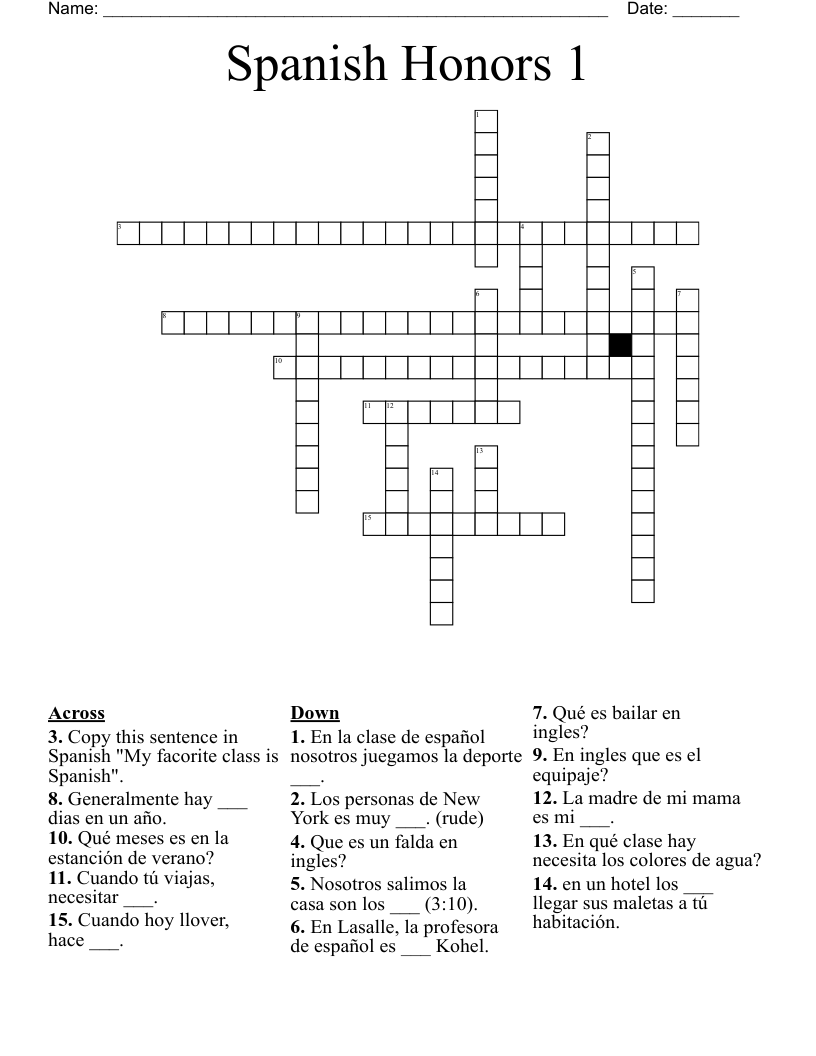 Spanish Honors 1 Crossword
