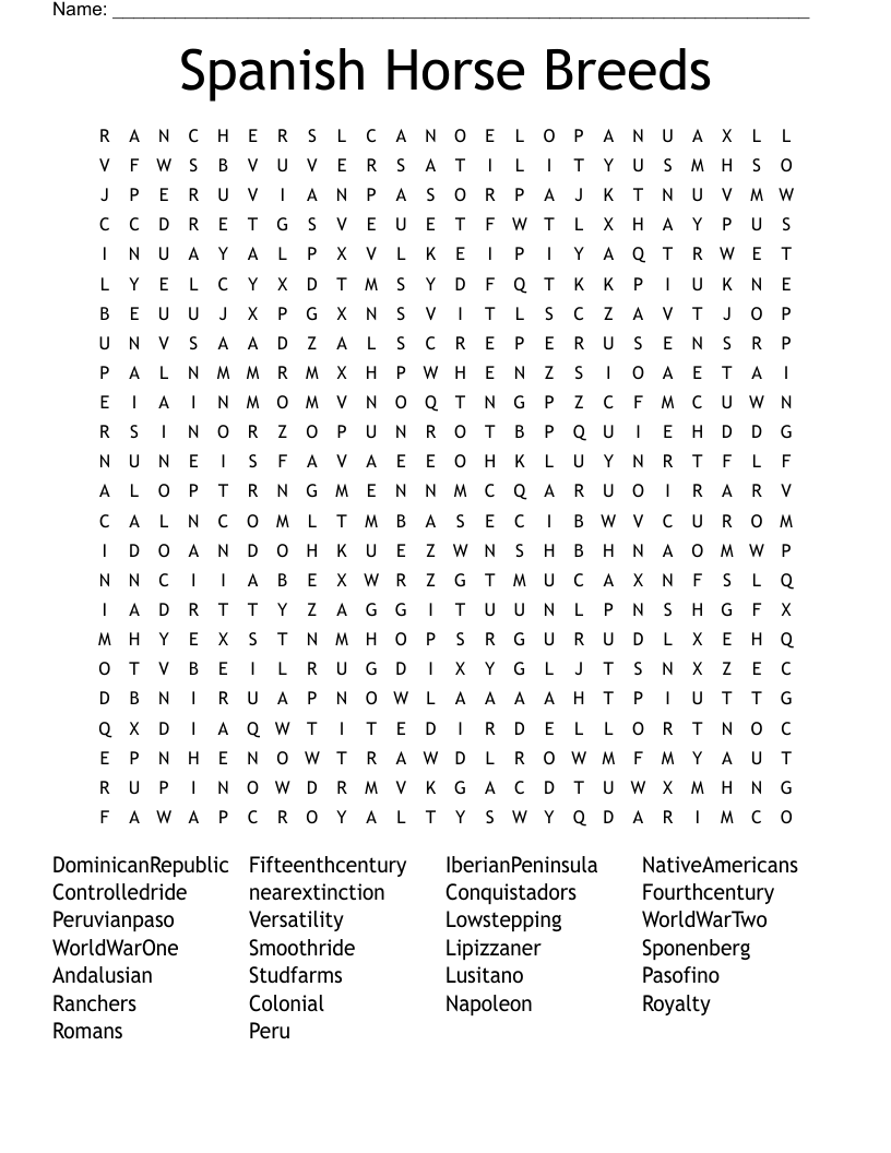 Spanish Horse Breeds Word Search