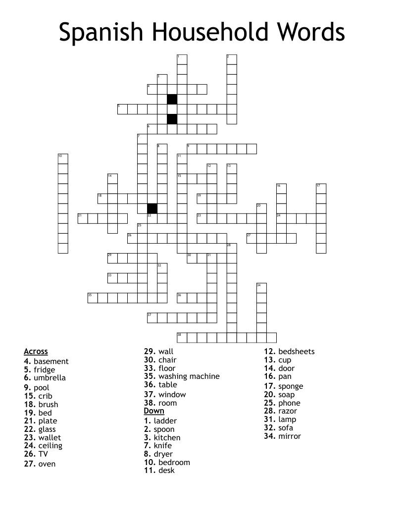 Spanish Household Words Crossword