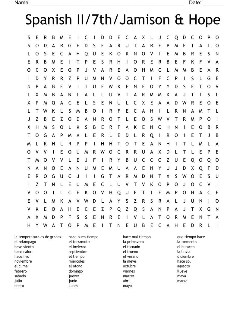 Spanish II/7th/Jamison & Hope Word Search
