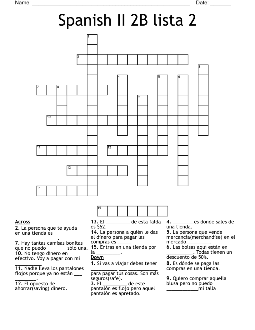 Spanish II 2B lista 2 Crossword