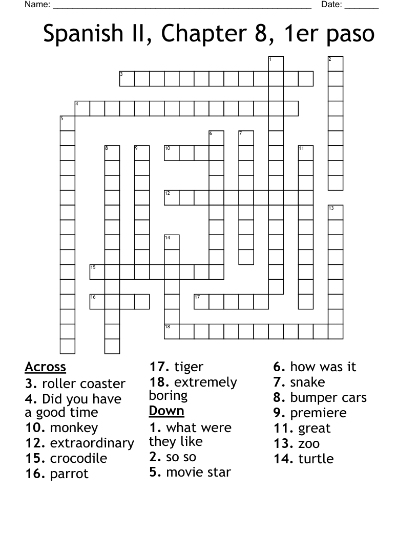Spanish II, Chapter 8, 1er paso Crossword