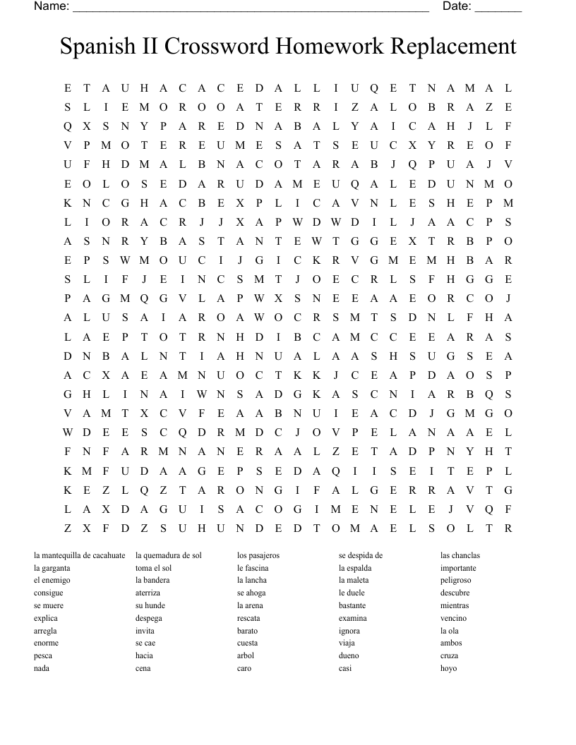 Spanish II Crossword Homework Replacement Word Search