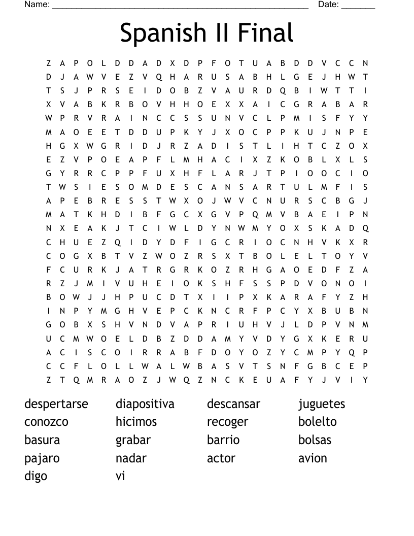Spanish II Final  Word Search