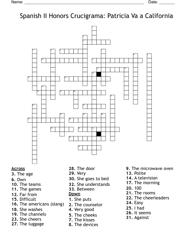 Spanish II Honors Crucigrama: Patricia Va a California Crossword