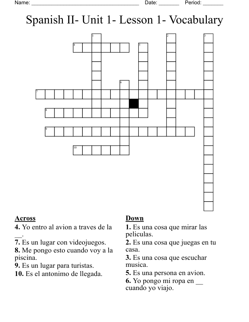Spanish II- Unit 1- Lesson 1- Vocabulary Crossword