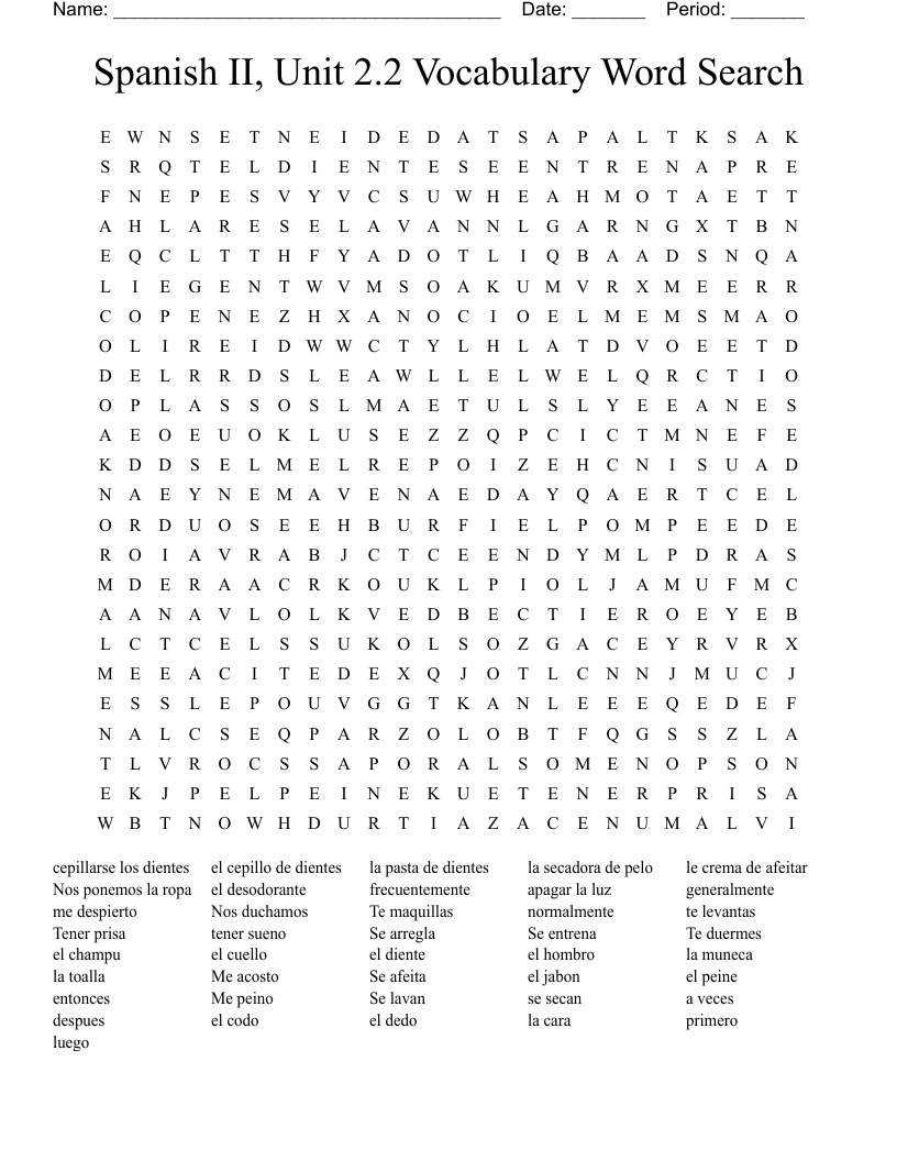 Spanish II, Unit 2.2 Vocabulary Word Search