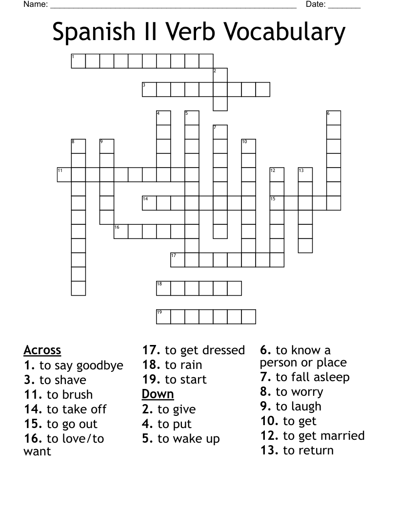 Spanish II Verb Vocabulary Crossword