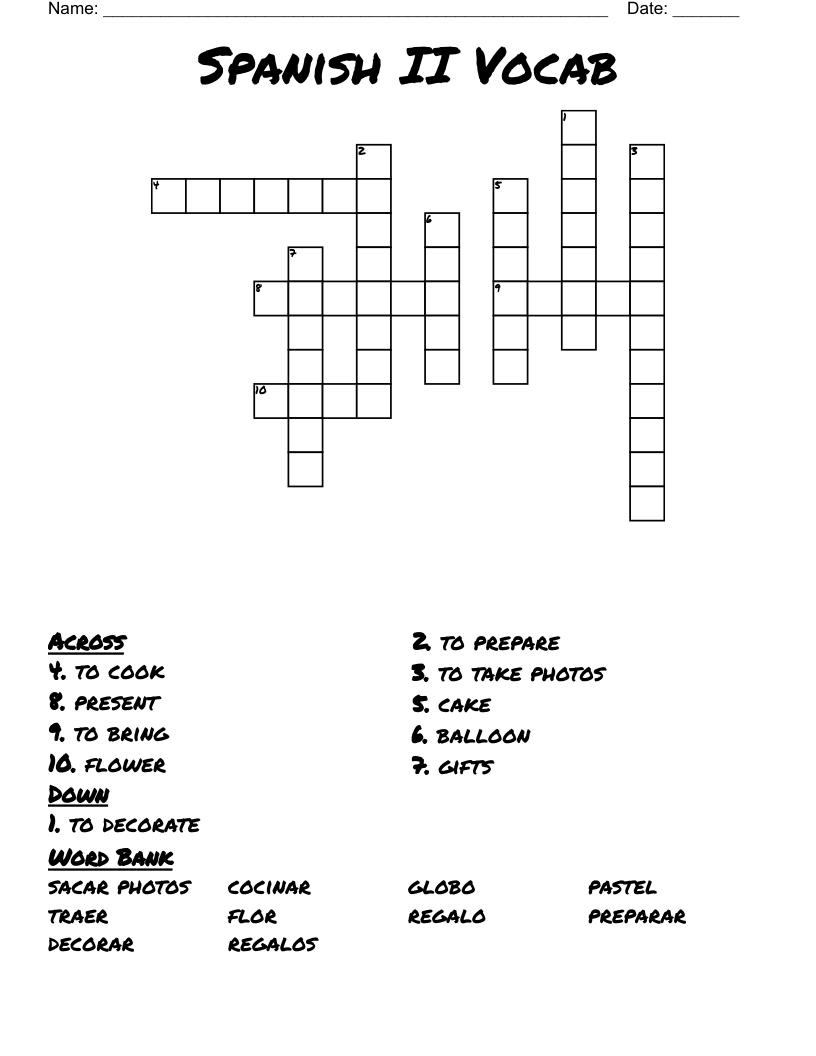Spanish II Vocab Crossword