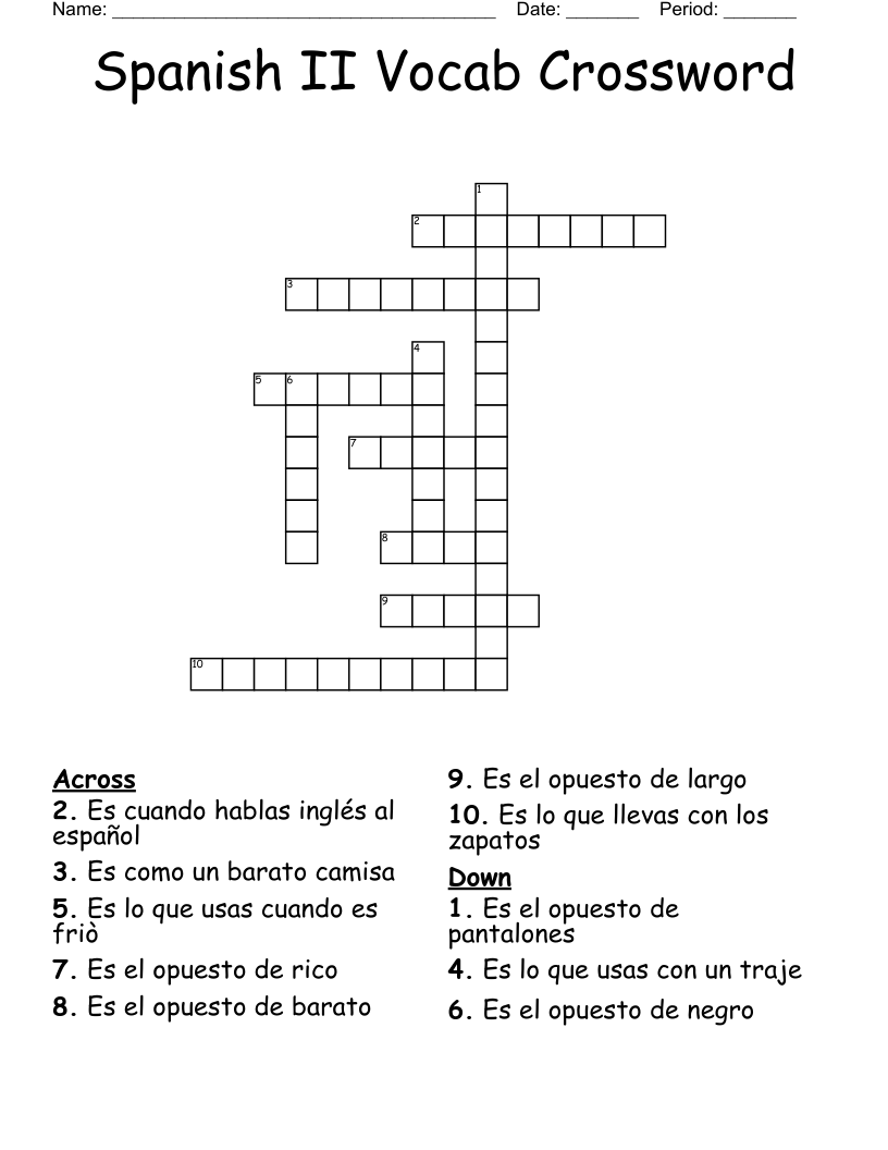 Spanish II Vocab Crossword