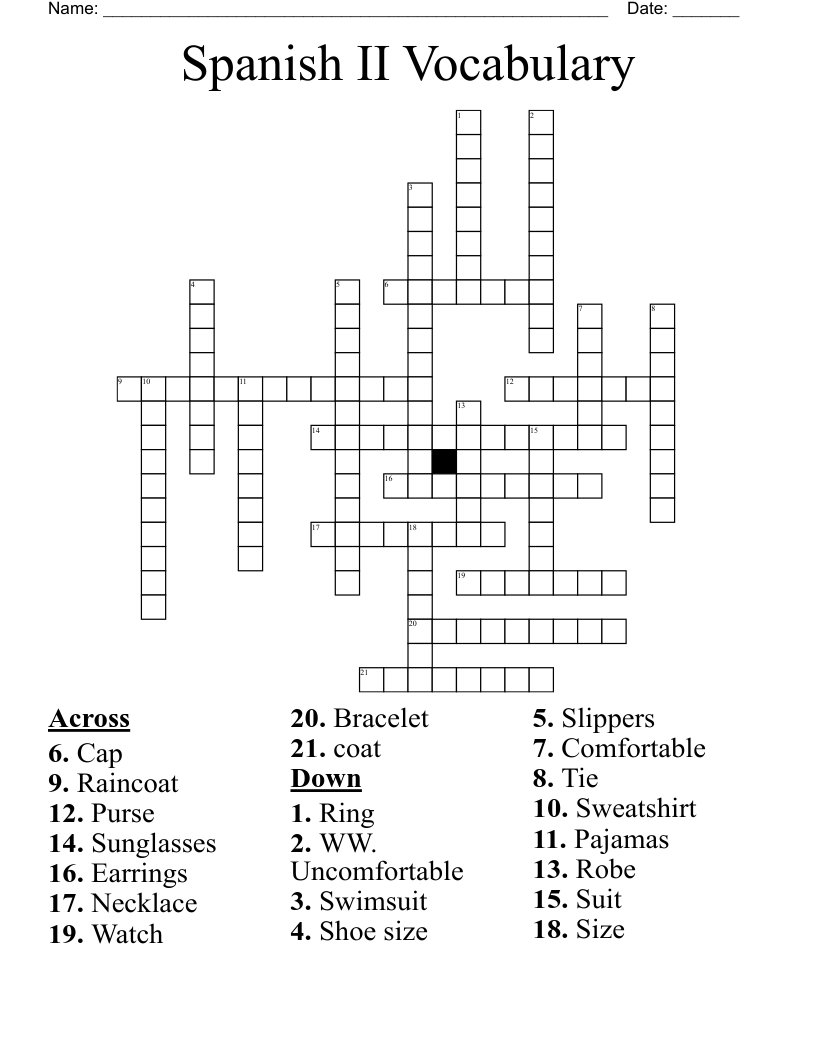 Spanish II Vocabulary  Crossword