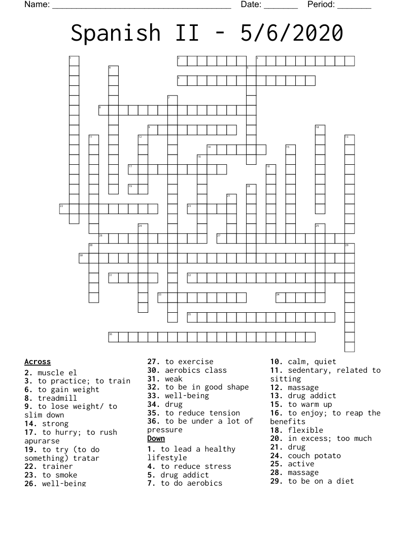 Spanish II - 5/6/2020 Crossword