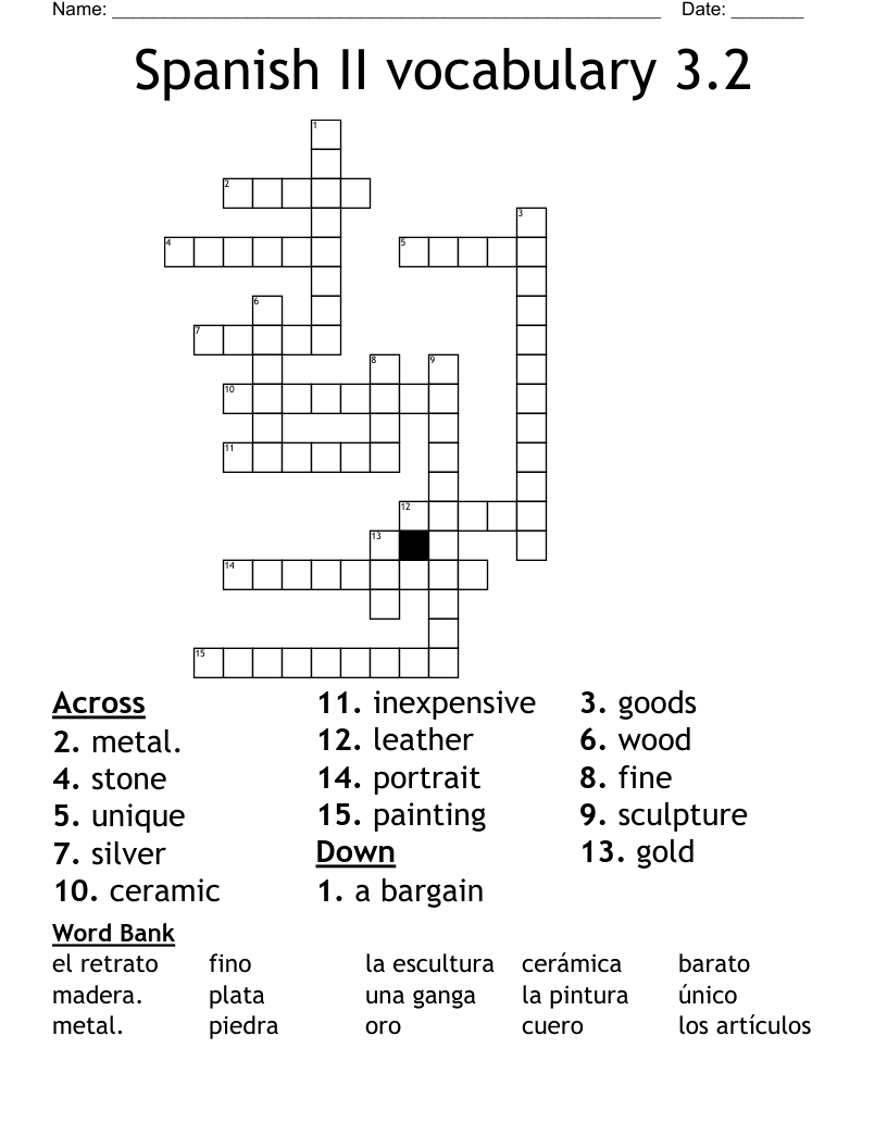 Spanish II vocabulary 3.2 Crossword