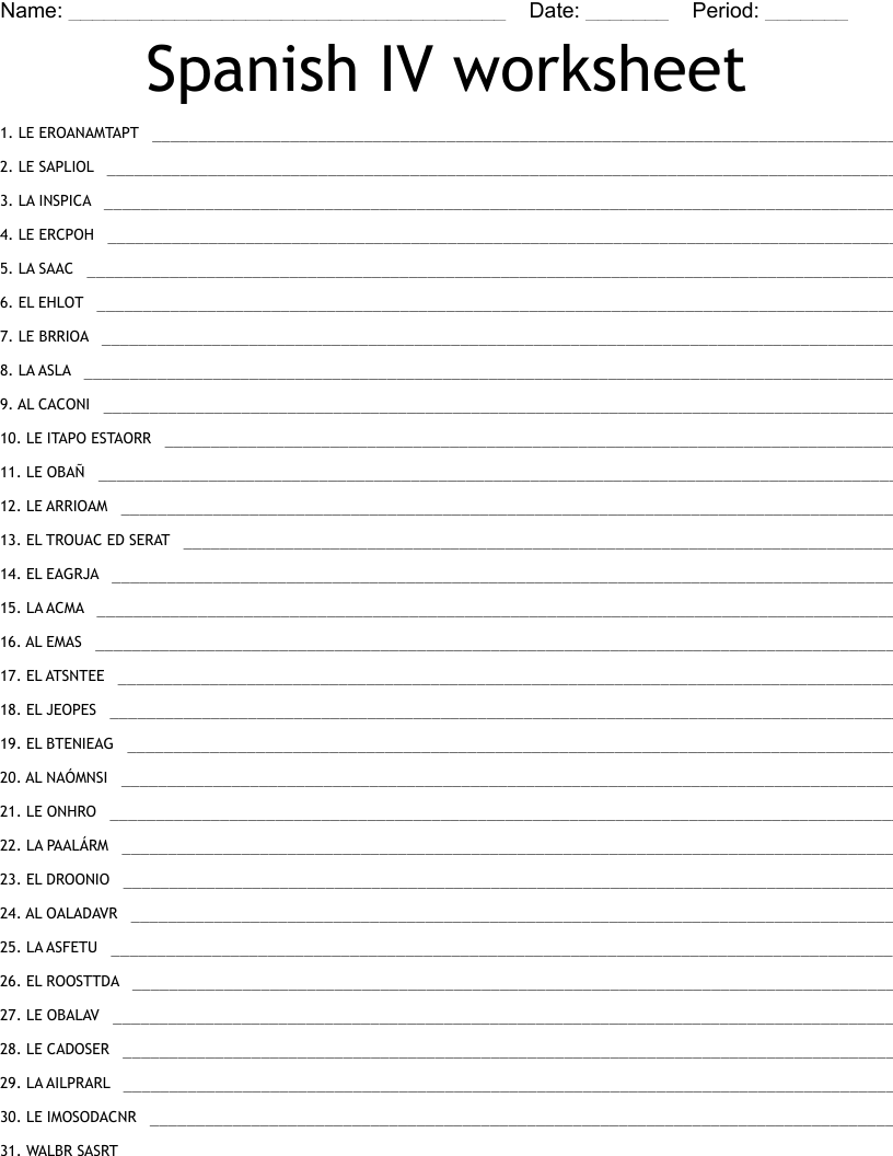 Spanish IV worksheet Word Scramble