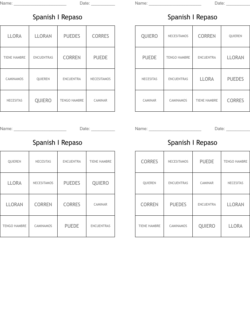 Spanish I Repaso Bingo Cards